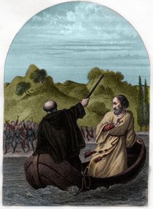 البابا يوجين الرابع (أوجينيو ، أوجينيوس) (1431-1447) يهرب في قارب هربًا من غضب الرومان - البابا يوجينيوس الرابع (غابرييل كوندولمارو) الذي عارضه عائلة كولونا القوية ، عليه الفرار من روما ، بينما يختار أعداؤه ضد البابا - نقش f بواسطة المدرسة الفرنسية