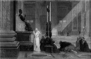 صلى البابا بيوس التاسع (1792-1878) بالقرب من تمثال القديس بطرس في بازيليك القديس بطرس في روما. نقش من "" روما: الوصف والهدايا التذكارية "بقلم فرانسيس وي ، سنوات 1870. بواسطة المدرسة الفرنسية