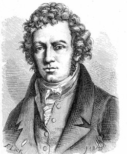 صورة لأندريه ماري أمبير (1775 - 1836) ، عالم فيزياء فرنسي - في ألبوم "" Album de la Science ؛ علماء لامعون الاكتشافات العظيمة "" "1896. بواسطة المدرسة الفرنسية