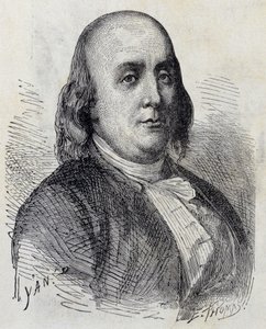 صورة لبنجامين فرانكلين (1706 - 1790) ، سياسي أمريكي ، ذكرى ، كتيب وعالم فيزياء - في ألبوم العلوم ؛ علماء لامعون الاكتشافات العظيمة "" "1896. بواسطة المدرسة الفرنسية