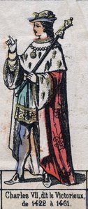 صورة لتشارلز السابع ملك فرنسا ، المعروف باسم تشارلز المنتصر أو تشارلز حسن خدم (1403-1461) (سلالة كابتيان). التوضيح أواخر القرن التاسع عشر. بواسطة المدرسة الفرنسية