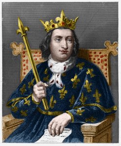 صورة لشارل الخامس الحكيم (1338 - 1380) ، ملك فرنسا - في "" Histoire des Francais "" للافالي ، نقش ، بدون تاريخ. بواسطة المدرسة الفرنسية
