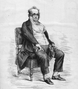 صورة لهنري مونييه (1799-1877) ، كاتب مسرحي فرنسي ورسام كاريكاتير وكوميدي. وهو يرتدي زي "Monsieur Prudhomme" ، وهي شخصية اخترعها مونييه ، وهو رسم كاريكاتوري للبرجوازية الفرنسية في القرن التاسع عشر. نقش في "" Le Monde Illustré "" بواسطة المدرسة الفرنسية