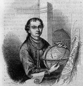 صورة شخصية لبيير (بيتر) أنيش (1723-1766) ، عالم فلك ورسام كارثوري في تيرول ، وهو يحمل كرة أرضية وبوصلة. نقش في "" Le Magasin الخلابة "" بواسطة المدرسة الفرنسية