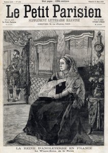صورة لملكة إنجلترا فيكتوريا (1819-1901) وهي تسافر عبر فرنسا في صالون واجن الخاص بها. الصفحة الأولى من جريدة Le petit Parisien الفرنسية. 21 مارس بواسطة المدرسة الفرنسية