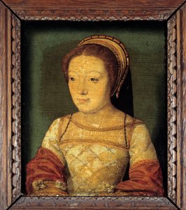 صورة لرينيه من فرنسا ، ابنة لويس الثاني عشر ، دوقة فيرارا (1510 - 1575). زيت على خشب ، 0.16 × 0.13 م. لوحة مجهولة. المدرسة الفرنسية للقرن السادس عشر. بواسطة المدرسة الفرنسية