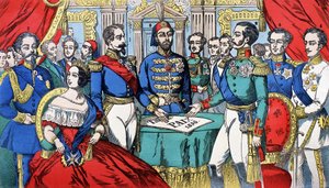 صورة لملوك أوروبا أثناء معاهدة السلام عام 1856: من اليسار إلى اليمين ، فيكتور إيمانويل الثاني (فيكتور عمانويل) (فيتوريو إيمانويل) ، ملك سردينيا ، فيكتوريا ، ملكة إنجلترا ، نابليون الثالث ، الإمبراطور التركي ، الإسكندر الثاني ، الملك روسيا ، ف بواسطة المدرسة الفرنسية