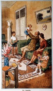 تقويم البريد والاتصالات السلكية واللاسلكية الذي يمثل مشهداً عائلياً، القرن العشرين (مطبوعة) بواسطة المدرسة الفرنسية