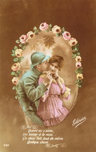 بطاقة بريدية تصور جنديًا فرنسيًا وعشيقته ، 1914-1918 (صورة ملونة) بواسطة المدرسة الفرنسية