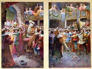 بطاقات بريدية تصور Cyrano de Bergerac والمبارزة في فندق de Bourgogne ، c.1900 بواسطة المدرسة الفرنسية