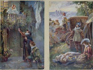 بطاقات بريدية تصور Cyrano de Bergerac مع Roxanne وموت المسيحي ، c.1900 بواسطة المدرسة الفرنسية