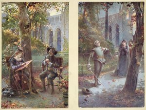 بطاقات بريدية تصور Cyrano de Bergerac مع Roxanne ، c.1900 بواسطة المدرسة الفرنسية