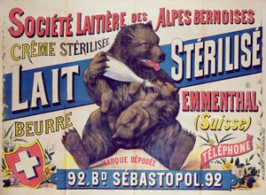 إعلان ملصق حليب معقم ، زبدة وجبن إيمنتال من Societe Laitiere des Alpes Bernoises ، 1895-1900
