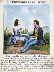Prepositive expression (La dinette au milieu des champs) - grammar book in images, circa 1850 بواسطة المدرسة الفرنسية
