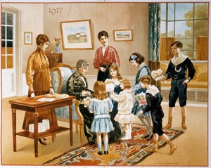 تقديم الهدايا، امرأة مسنة تقدم الهدايا لأطفال مدرسة داخلية بواسطة المدرسة الفرنسية