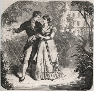 أميرة ويلز كارولينا برونزويك (1768-1821) تسير مع حبيبها بارتولوميو بيرجامي. نقش من عام 1871 في "Histoire Des Cocus Celebres" لهنري دي كوك (1819-1892). بواسطة المدرسة الفرنسية
