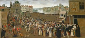موكب الرابطة المقدسة في ساحة دي غريف ، تاركا قوس سان جان ، باريس ، 1590-3