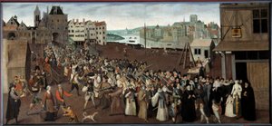 موكب الرابطة في Place de Greve يغادر رواق القديس جان في باريس لوحة المدرسة الفرنسية. 1590 الأحد. 1x2،12 م باريس ، متحف كارنافالي - موكب العصبة في ساحة غريف مغادرة أركيد سانت جان في باريس. لوحة من بواسطة المدرسة الفرنسية