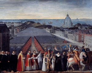 موكب المربى الباريسي من pelerins من لوحة Saint Michel du Mont sur le Pont Neuf Anonymous. القرن ال 17. خافت 0.80 × 1.05 م باريس ، متحف كارنافاليت بواسطة المدرسة الفرنسية