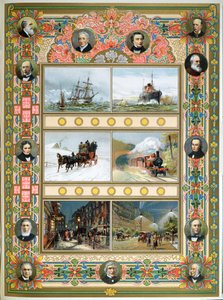 التقدم في عهد الملكة فيكتوريا (1819-1901). السفن الشراعية والسفن البخارية والقطارات البخارية وإنارة الشوارع بالغاز والكهرباء ، 1887 بواسطة المدرسة الفرنسية