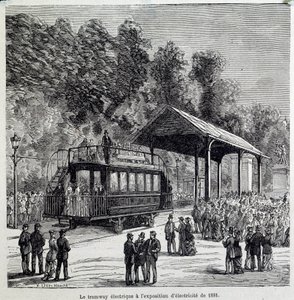التقدم في النقل: عرض الترام الكهربائي في عام 1881. نقش من القرن التاسع عشر بواسطة المدرسة الفرنسية