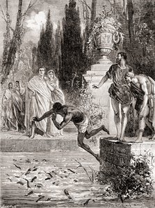 Publius Vedius Pollio ، فارس روماني ، يغذي عبدًا إلى ثعابين لامبري ، من Les Merveilles de la Science ، تم نشره عام 1870 بواسطة المدرسة الفرنسية