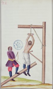 عقاب عقدة أثناء تعليقه من حبل ، من فوييج أون روسي ، 1731 (قلم وحبر ومرحاض على ورق) بواسطة المدرسة الفرنسية