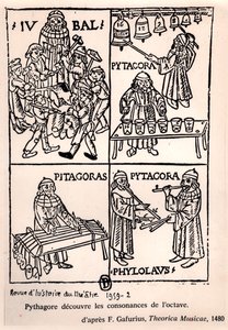 فيثاغورس (c.580-500 قبل الميلاد) يكتشف تناسق أوكتاف ، من Theorica Musicae بواسطة فرانشينو غافوريو ، نُشر لأول مرة في عام 1480 ، من Revue de lHistoire du Theatre ، 1959 (bw phot بواسطة المدرسة الفرنسية