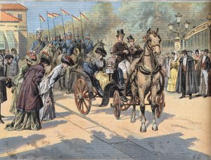 الملكة ماري كريستين دي تيشين (1858-1929) تحيي ملكات مسيرة باريس ، من صحيفة "Le Petit Parisien" بواسطة المدرسة الفرنسية