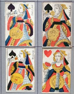 أوراق لعب Queen of Spades و Queen of Hearts ، القرنين السابع عشر والثامن عشر (نقش الخشب الملون) بواسطة المدرسة الفرنسية