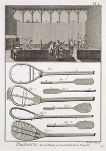 التنس الحقيقي وبناء المضارب ، من موسوعة دينيس ديدرو (1713-1784) ، نقشها روبرت بينارد (م 1734) ، تم نشره عام 1770 بواسطة المدرسة الفرنسية