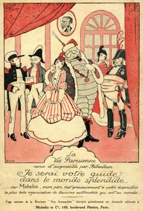 أذكر عام 1914 لإطارات ميشلان. La Vie Parisienne الذي استعرضه بيبندوم وزاد عليه: "سأكون دليلك في العالم الرائع، لأن ميشلان والدي يمنحك أجمل منظمة سياحة سيارات في العالم". على الحائط، إطار به بواسطة المدرسة الفرنسية