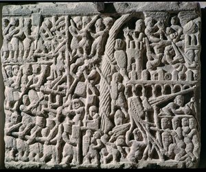 نقش يصور حصار كاركاسون بواسطة سيمون دي مونتفورت (1160-1218) في 1209 بواسطة المدرسة الفرنسية