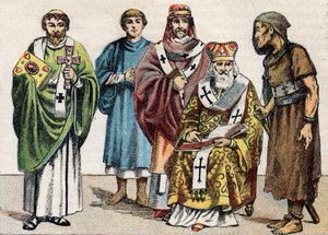 الأزياء الدينية في العصور القديمة: من صورة g d لشماس بيزنطي ، كاهن مسيحي من القرن الأول ، قديسة في القرن الخامس ، بطريرك بيزنطي و Anachorete - نقش - أزياء دينية في العصور القديمة: من اليسار إلى اليمين بواسطة المدرسة الفرنسية