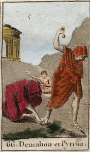 تمثيل Deucalion و Pyrrha ، الناجين الوحيدين بعد الطوفان الذي تسبب فيه زيوس لتدمير الجنس البشري. ثم يطلب منهم ثيميس بعد الطوفان أن يمشوا رأسهم مغطى برميهم خلفهم عظام أمهم (حجارة الأرض) (رع). بواسطة المدرسة الفرنسية