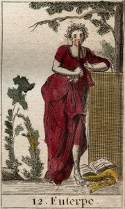 تمثيل Euterpe ، موسيقي ، محاط بكتب موسيقية وعزف فلوت مزدوج (Aulos) (Euterpe ، موسيقي ، يصور ممسكًا بناي مزدوج (aulos)). من "أساطير الشباب" بيير بلانشارد 1803. بواسطة المدرسة الفرنسية