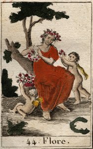 تمثيل فلورا (فلورا) إلهة الزهور. (فلورا ، إلهة الزهور وموسم الربيع) من "Mythologie de la jeunesse" لبيير بلانشارد 1803. بواسطة المدرسة الفرنسية