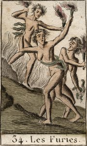 تمثيل Furies و Tisphone و Megere و Alecton ، واضطهاد الإلهيين ، كمتخلصين (الغضب ، Tisphone ، Megaera و Alecto ، ممثلة في النساء الهزال). من "أساطير الشباب" بيير بلانشارد 1803. بواسطة المدرسة الفرنسية
