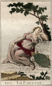 تمثيل كسل ابنة الليل والنوم كشاب مع سلحفاة. من "أساطير الشباب" بيير بلانشارد 1803. بواسطة المدرسة الفرنسية