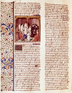 تمثيل للطفل القديس برنارد كليرفو من كليرفو (سان برناردو دي كيارافال) (1090-1153). وهو في منتصف الصورة، وفوق رأسه أوريول. منمنمة في "Le miroir historial" (Speculum Historiale) (م. 1196، الورقة 372) لفنسنت دي بوفا بواسطة المدرسة الفرنسية