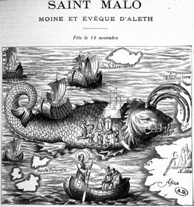 Representation of Saint Malo (Saint Maclou) on the back of a whale represented in the way of Saint Brendan (Brandan) by Clonfert or Breanainn by Clonfert (ca. 484-577/578) - engraving بواسطة المدرسة الفرنسية