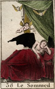 تمثيل للنوم ، يستريح إلى الأبد في قصر ، بالقرب من أجنحة الأحلام. (Somnus ، إله النوم ، ينام في قصر محاط بأحلام مجنحة) من "Mythologie de la jeunesse" لبيير بلانشارد 1803. بواسطة المدرسة الفرنسية