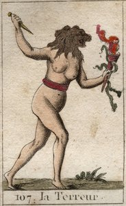 Representation of Terror, as a woman with a lion head, holding a knife and snakes. From “Mythology of Youth” by Pierre Blanchard 1803. بواسطة المدرسة الفرنسية