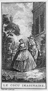تمثيل مشهد من قطعة "Sganarelle ou le cuckold imaginaire" (1660) بواسطة Jean Baptiste Poquelin dit Moliere (1622-1673). نقش من عام 1738. بواسطة المدرسة الفرنسية