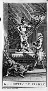تمثيل مشهد من قطعة "" Dom juan ou le fen de Pierre "" (1665) من قبل جان بابتيست بوكلين دي موليير (1622-1673). نقش من عام 1739. بواسطة المدرسة الفرنسية