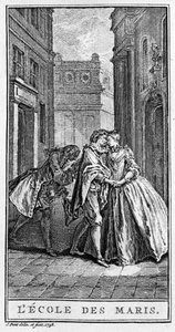 تمثيل مشهد من مسرحية "L'Ecole des Maris" (1661) لجان بابتيست بوكلين ديت موليير (1622-1673). نقش من عام 1738. بواسطة المدرسة الفرنسية