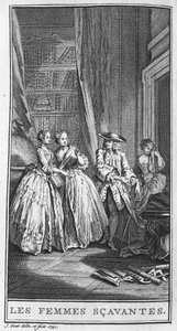 تمثيل مشهد من مسرحية "Les femmes savantes" (1672) لجان بابتيست بوكلين ديت موليير (1622-1673). نقش من عام 1740. بواسطة المدرسة الفرنسية