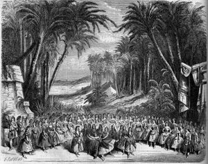 تمثيل أوبرا: سينوغرافيا الفصل الثاني لـ "ملكة سابا" على نص مسرحي لميشيل كاري (1819-1872) وجول باربييه (1822-1901) وموسيقى لتشارلز جونود (1818-1893). باريس ، مسرح الأوبرا بواسطة المدرسة الفرنسية