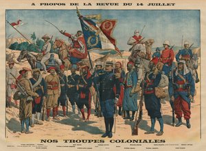 استعراض 14 يوليو ، قواتنا الاستعمارية ، توضيح من `` Le Petit Journal &39;&39; ، ملحق illustre ، 13 يوليو 1913 (لون ليثو)