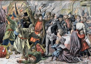ثورة 1905 - غزو الفلاحين الروس لمنزل ريفي. Jacquerie في المقاطعات الروسية. غزو القلعة من قبل ثورات الفلاحين الروس. رسم توضيحي لمجلة Le petit Journal ، 2 أبريل 1905. بواسطة المدرسة الفرنسية